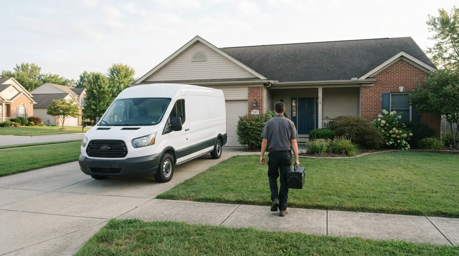 A plain white service van parked in the driveway of a family home