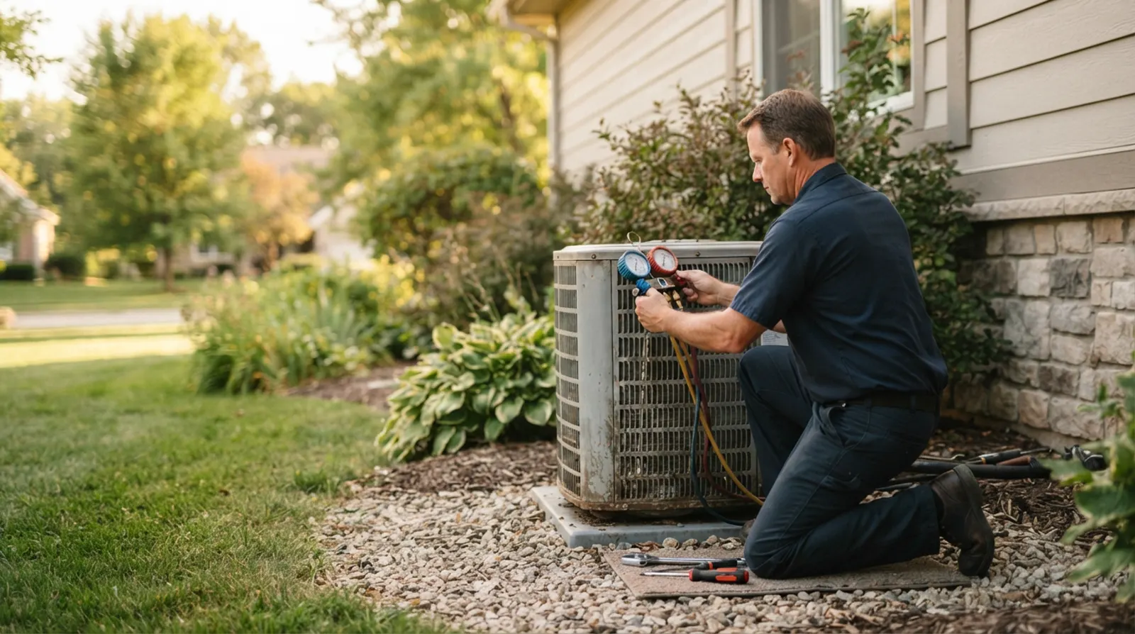 A heating and cooling technician checking an outdoor AC unit beside a house in warm daylight