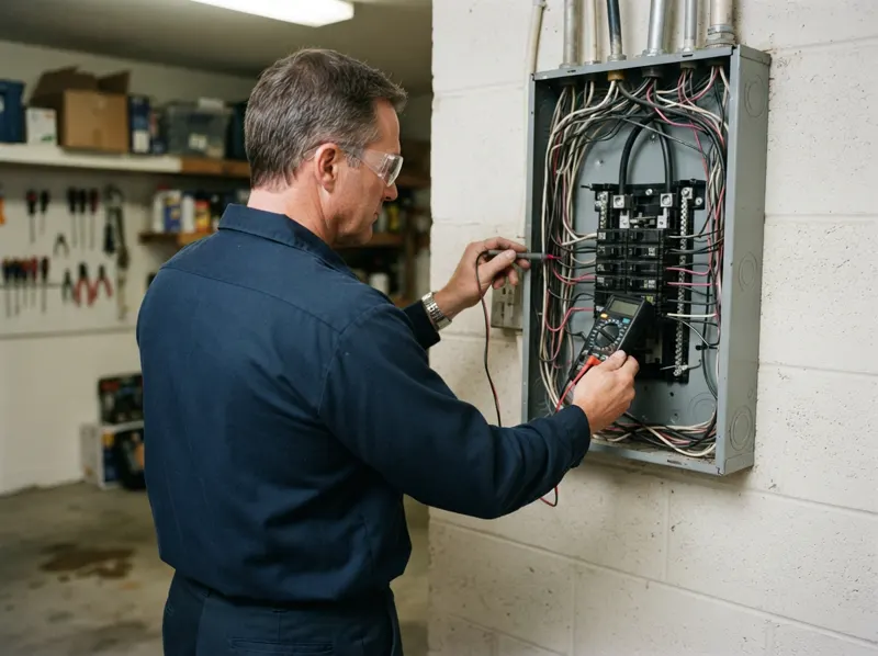 An electrician testing circuits at an open breaker panel