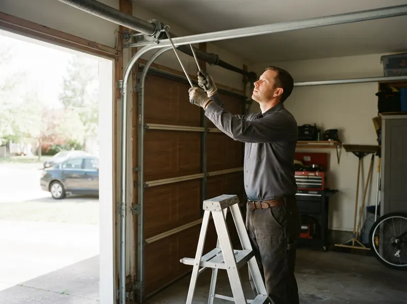 A garage door technician adjusting a garage door spring