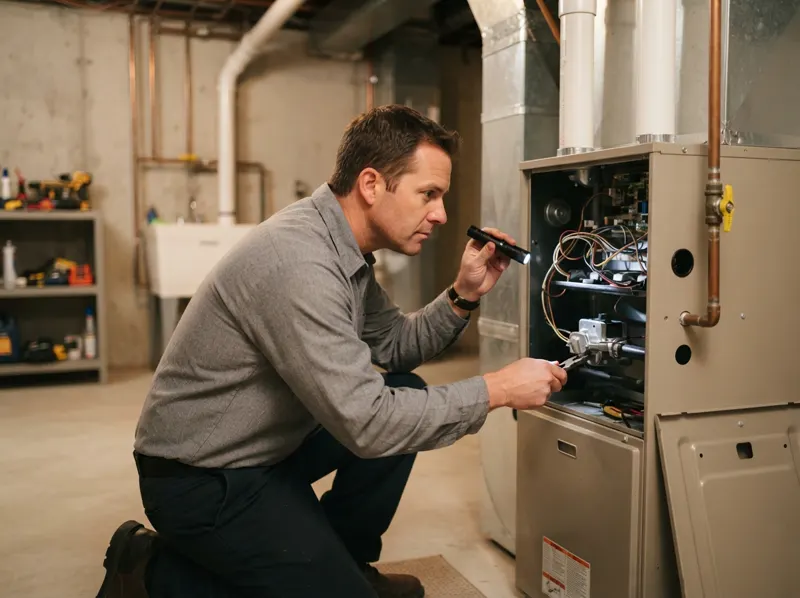 An HVAC technician servicing an indoor furnace in a basement