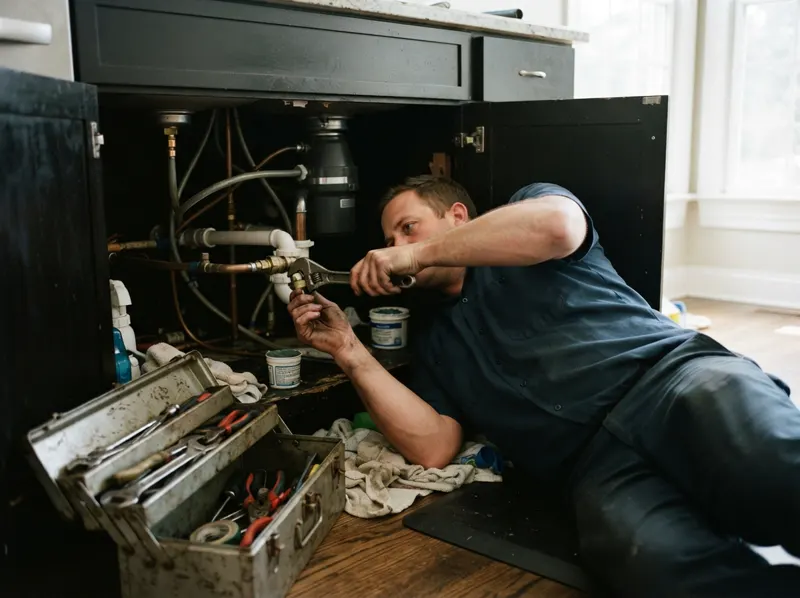 A plumber working on the pipes under a kitchen sink